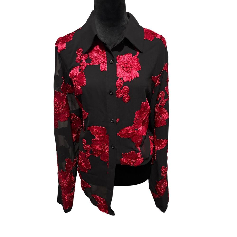 ANEWSTA Black Sheer Button‑Up Blouse w/ Red Rose Embroidery – XL, NWOT